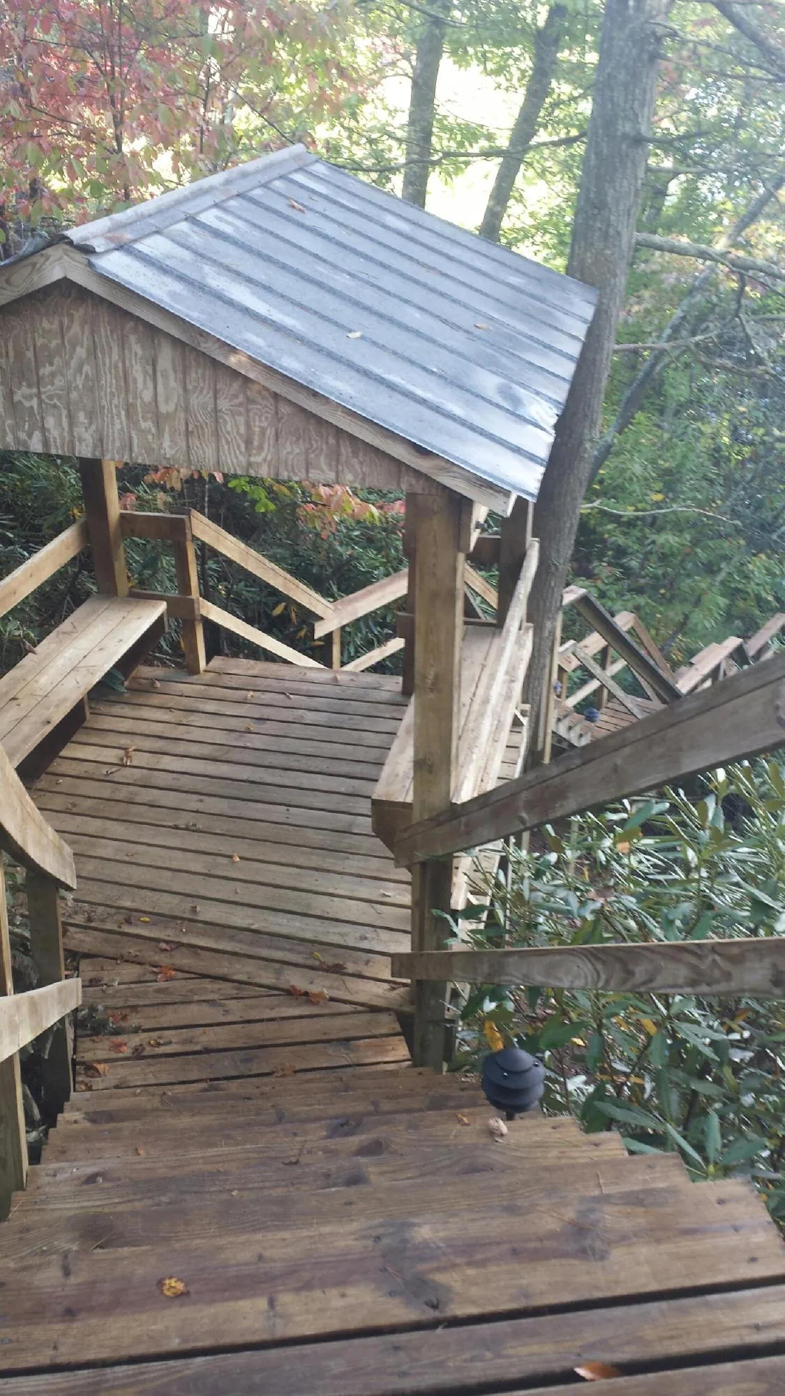 Metal roofed shelter over wooden steps on a wooded walkway — Skylight Repair & Installation work by our crew in Signal Mountain